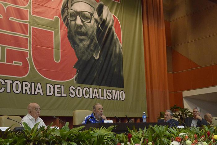 Comandante en Jefe Fidel Castro at the close of the 7th Congress of the Communist Party of Cuba, alongside Army General Raúl Castro, José Ramón Machado Ventura, and Miguel Díaz-Canel Bermúdez. Photo: Estudio Revolución Comandante en Jefe Fidel Castro at the close of the 7th Congress of the Communist Party of Cuba, alongside Army General Raúl Castro, José Ramón Machado Ventura, and Miguel Díaz-Canel Bermúdez. Photo: Estudio Revolución
